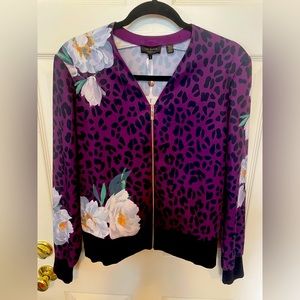 Ted Baker. Bomber style jacket. Size 3. Animal and floral print. Purple.